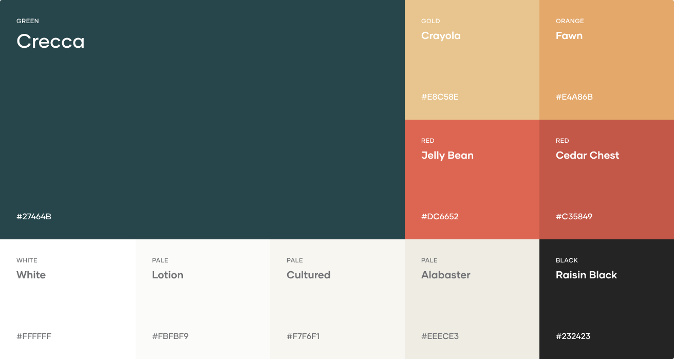 VirtualAd color palette featuring Crecca green, Crayola gold, Fawn orange, Jelly Bean red, Cedar Chest red, and neutral tones