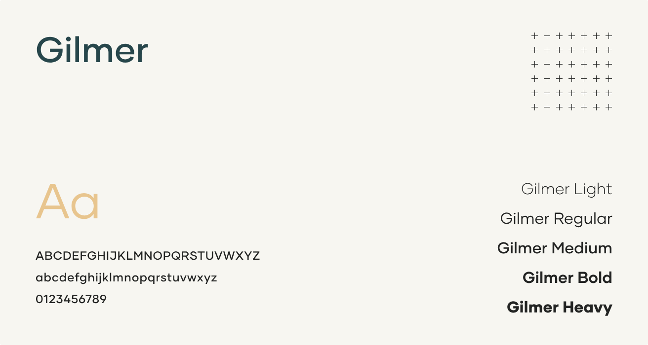 Gilmer typeface showcase with alphabet, numbers, and weight variations